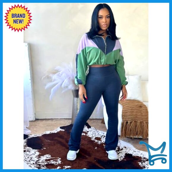 Two Piece Set Zip Up Cropped Jacket High Waist Flare Pants Casual Chic - Picture 4 of 7